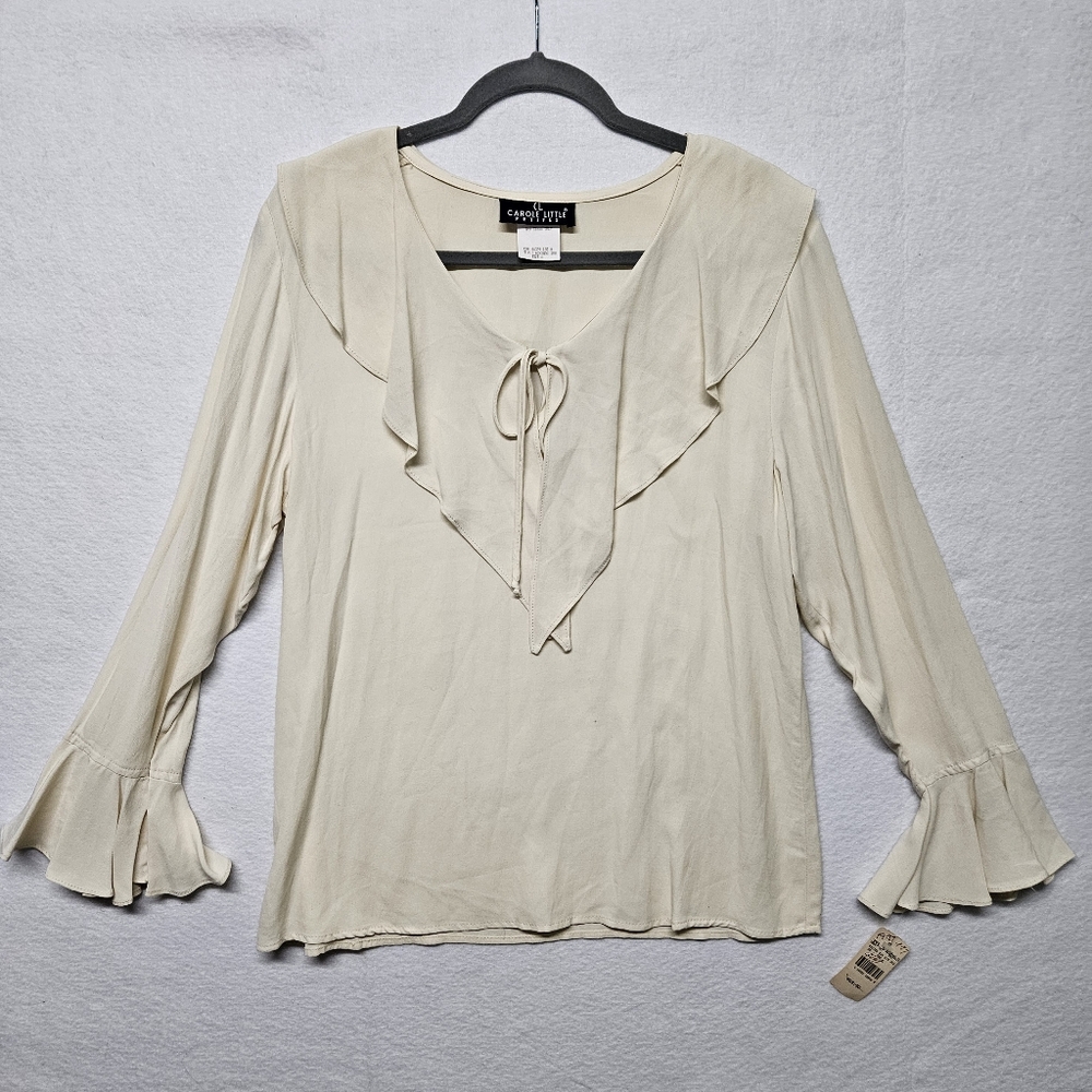 Vintage Carole Little Blouse Cascading Ruffle Long Bell Sleeves Cream NWT 90s